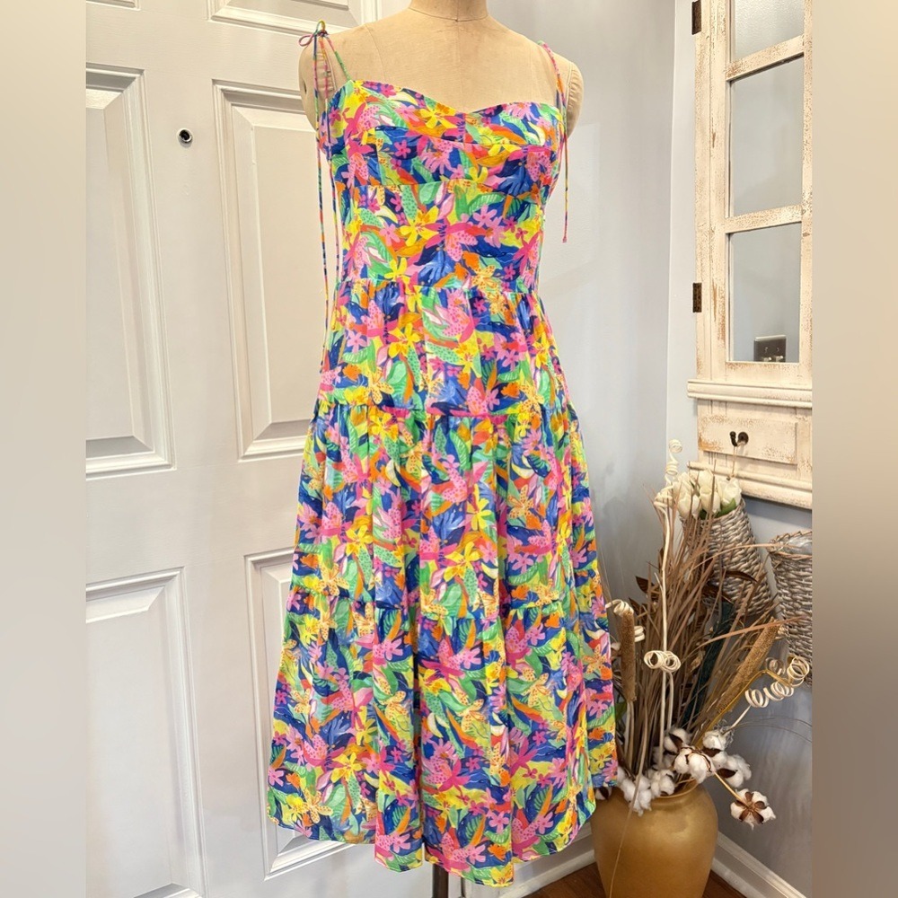 Amanda Uprichard Tula Dress Multi Tropical Floral Ramie Tiered Midi Smocked L